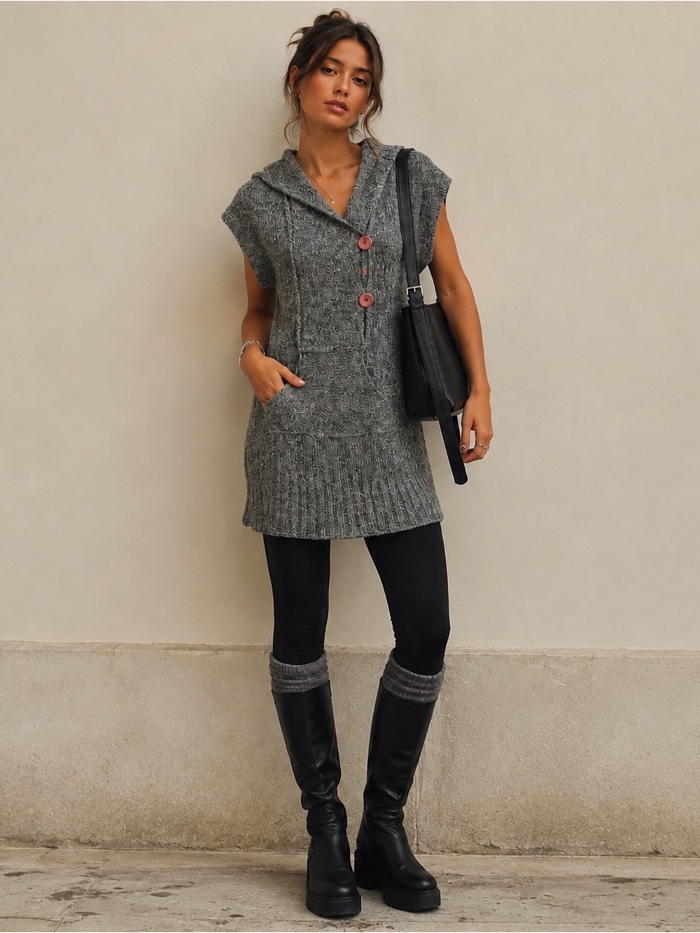 ABS Allen B Hooded Sweater Tunic Gray Wool Blend Button Front Pockets M, Cozy